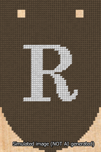 A simulated image of the stitched needlepoint design: Banner 13m Rounded R White on Brown. Not A.I. generated.