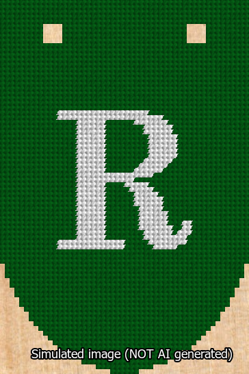 A simulated image of the stitched needlepoint design: Banner 13m Rounded R White on Green. Not A.I. generated.