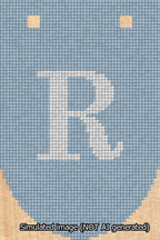 A simulated image of the stitched needlepoint design: Banner 13m Rounded R White on Light Blue. Not A.I. generated.