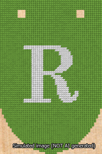 A simulated image of the stitched needlepoint design: Banner 13m Rounded R White on Light Green. Not A.I. generated.