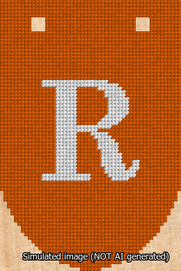 A simulated image of the stitched needlepoint design: Banner 13m Rounded R White on Orange. Not A.I. generated.