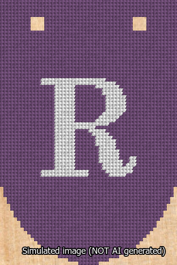 A simulated image of the stitched needlepoint design: Banner 13m Rounded R White on Purple. Not A.I. generated.