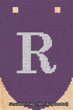 A simulated image of the stitched needlepoint design: Banner 13m Rounded R White on Purple. Not A.I. generated.