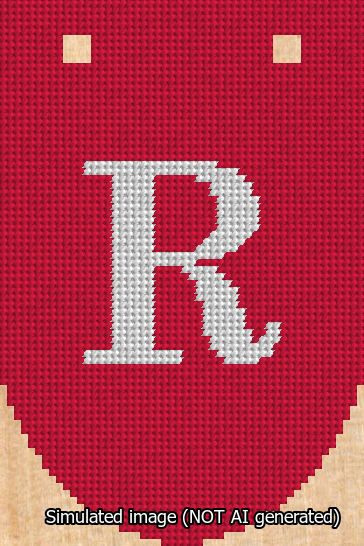A simulated image of the stitched needlepoint design: Banner 13m Rounded R White on Red. Not A.I. generated.