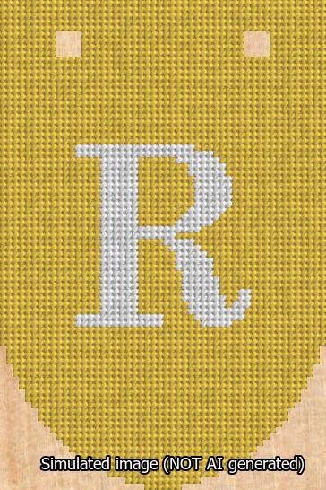 A simulated image of the stitched needlepoint design: Banner 13m Rounded R White on Yellow. Not A.I. generated.