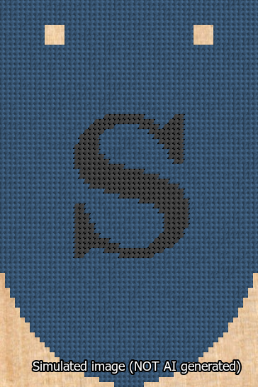 A simulated image of the stitched needlepoint design: Banner 13m Rounded S Black on Blue. Not A.I. generated.