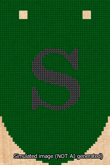 A simulated image of the stitched needlepoint design: Banner 13m Rounded S Black on Green. Not A.I. generated.