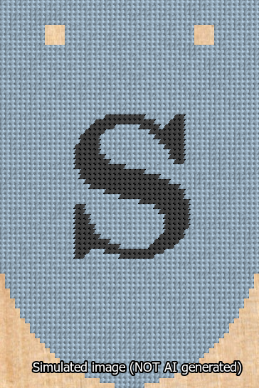 A simulated image of the stitched needlepoint design: Banner 13m Rounded S Black on Light Blue. Not A.I. generated.
