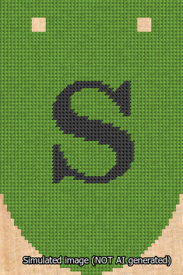 A simulated image of the stitched needlepoint design: Banner 13m Rounded S Black on Light Green. Not A.I. generated.