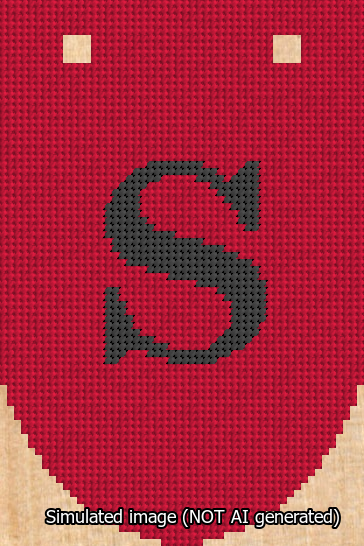 A simulated image of the stitched needlepoint design: Banner 13m Rounded S Black on Red. Not A.I. generated.