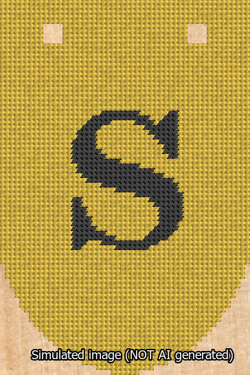 A simulated image of the stitched needlepoint design: Banner 13m Rounded S Black on Yellow. Not A.I. generated.