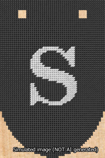 A simulated image of the stitched needlepoint design: Banner 13m Rounded S White on Black. Not A.I. generated.