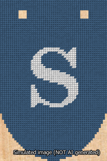 A simulated image of the stitched needlepoint design: Banner 13m Rounded S White on Blue. Not A.I. generated.