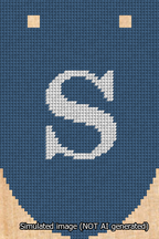 A simulated image of the stitched needlepoint design: Banner 13m Rounded S White on Blue. Not A.I. generated.