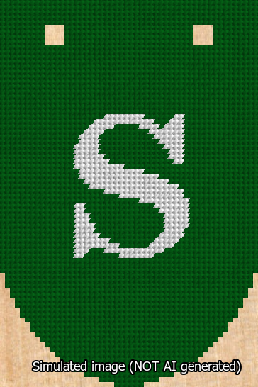 A simulated image of the stitched needlepoint design: Banner 13m Rounded S White on Green. Not A.I. generated.