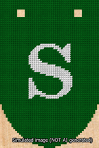 A simulated image of the stitched needlepoint design: Banner 13m Rounded S White on Green. Not A.I. generated.