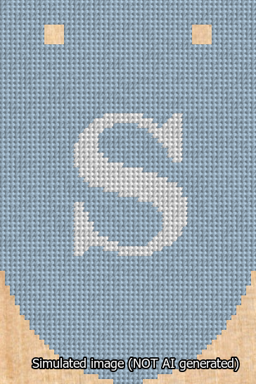 A simulated image of the stitched needlepoint design: Banner 13m Rounded S White on Light Blue. Not A.I. generated.