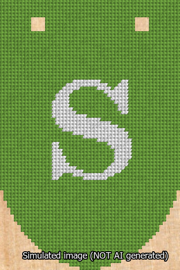 A simulated image of the stitched needlepoint design: Banner 13m Rounded S White on Light Green. Not A.I. generated.