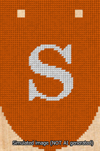 A simulated image of the stitched needlepoint design: Banner 13m Rounded S White on Orange. Not A.I. generated.