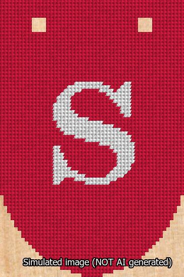 A simulated image of the stitched needlepoint design: Banner 13m Rounded S White on Red. Not A.I. generated.