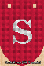 A simulated image of the stitched needlepoint design: Banner 13m Rounded S White on Red. Not A.I. generated.