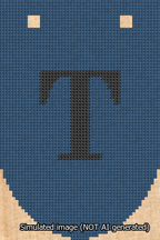 A simulated image of the stitched needlepoint design: Banner 13m Rounded T Black on Blue. Not A.I. generated.