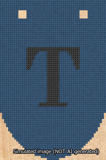 A simulated image of the stitched needlepoint design: Banner 13m Rounded T Black on Blue. Not A.I. generated.