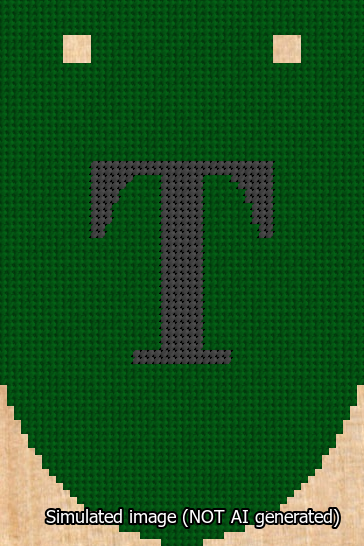 A simulated image of the stitched needlepoint design: Banner 13m Rounded T Black on Green. Not A.I. generated.