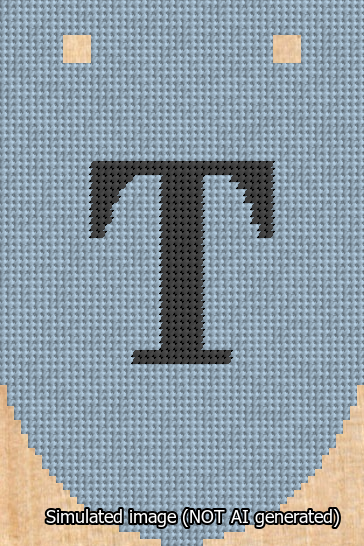 A simulated image of the stitched needlepoint design: Banner 13m Rounded T Black on Light Blue. Not A.I. generated.
