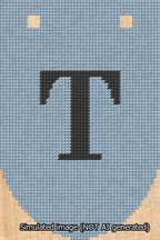 A simulated image of the stitched needlepoint design: Banner 13m Rounded T Black on Light Blue. Not A.I. generated.