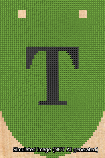 A simulated image of the stitched needlepoint design: Banner 13m Rounded T Black on Light Green. Not A.I. generated.
