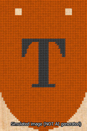 A simulated image of the stitched needlepoint design: Banner 13m Rounded T Black on Orange. Not A.I. generated.