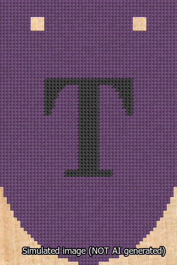 A simulated image of the stitched needlepoint design: Banner 13m Rounded T Black on Purple. Not A.I. generated.