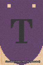 A simulated image of the stitched needlepoint design: Banner 13m Rounded T Black on Purple. Not A.I. generated.