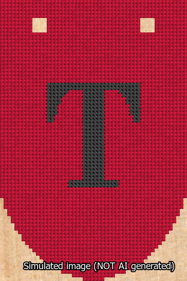 A simulated image of the stitched needlepoint design: Banner 13m Rounded T Black on Red. Not A.I. generated.