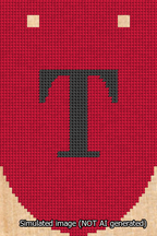 A simulated image of the stitched needlepoint design: Banner 13m Rounded T Black on Red. Not A.I. generated.