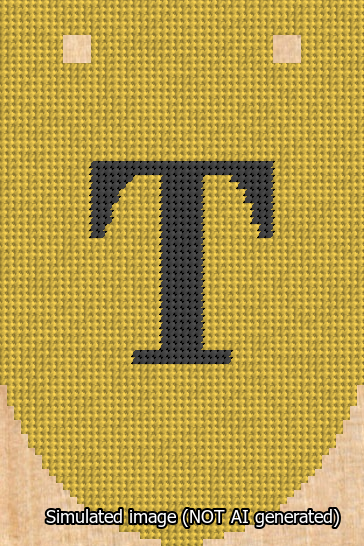 A simulated image of the stitched needlepoint design: Banner 13m Rounded T Black on Yellow. Not A.I. generated.