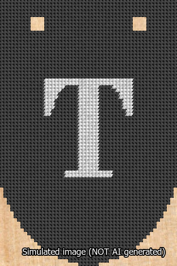 A simulated image of the stitched needlepoint design: Banner 13m Rounded T White on Black. Not A.I. generated.