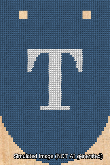 A simulated image of the stitched needlepoint design: Banner 13m Rounded T White on Blue. Not A.I. generated.