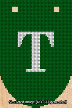 A simulated image of the stitched needlepoint design: Banner 13m Rounded T White on Green. Not A.I. generated.