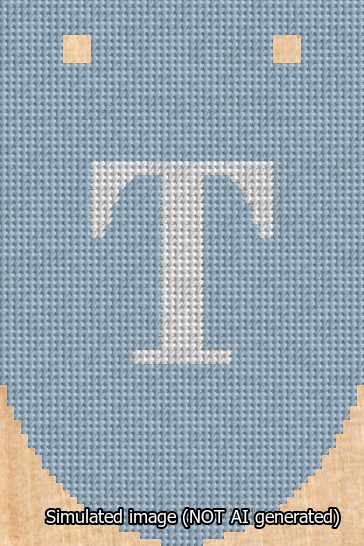 A simulated image of the stitched needlepoint design: Banner 13m Rounded T White on Light Blue. Not A.I. generated.