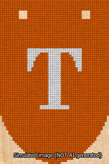 A simulated image of the stitched needlepoint design: Banner 13m Rounded T White on Orange. Not A.I. generated.