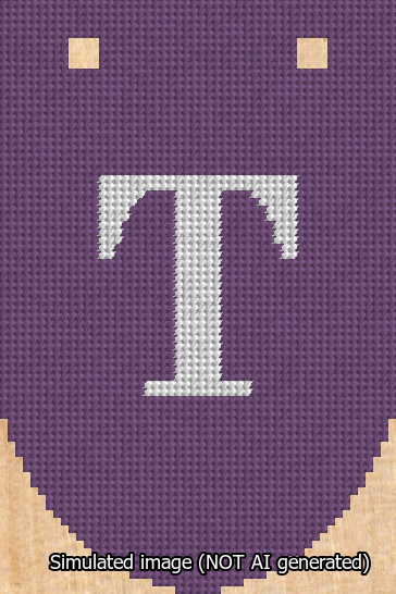 A simulated image of the stitched needlepoint design: Banner 13m Rounded T White on Purple. Not A.I. generated.