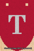 A simulated image of the stitched needlepoint design: Banner 13m Rounded T White on Red. Not A.I. generated.