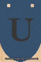 A simulated image of the stitched needlepoint design: Banner 13m Rounded U Black on Blue. Not A.I. generated.