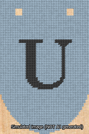 A simulated image of the stitched needlepoint design: Banner 13m Rounded U Black on Light Blue. Not A.I. generated.