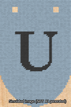 A simulated image of the stitched needlepoint design: Banner 13m Rounded U Black on Light Blue. Not A.I. generated.