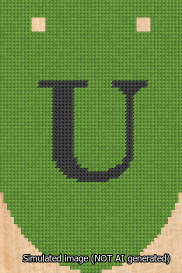A simulated image of the stitched needlepoint design: Banner 13m Rounded U Black on Light Green. Not A.I. generated.