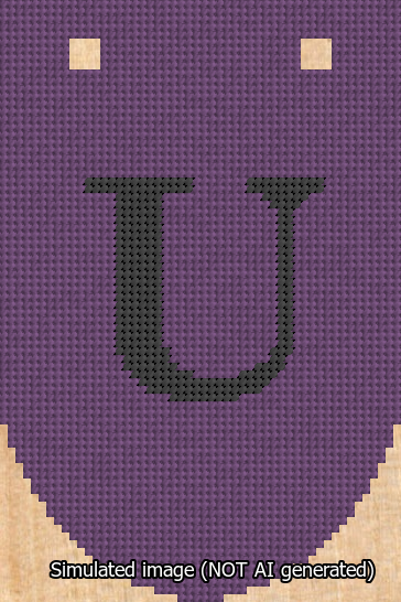 A simulated image of the stitched needlepoint design: Banner 13m Rounded U Black on Purple. Not A.I. generated.