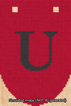A simulated image of the stitched needlepoint design: Banner 13m Rounded U Black on Red. Not A.I. generated.